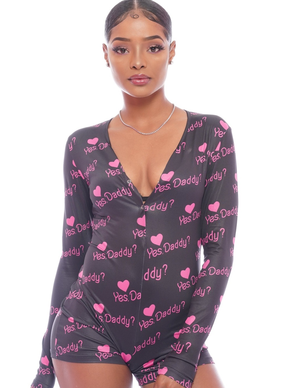 Black Romper with Pink "Yes, Daddy?" Print
